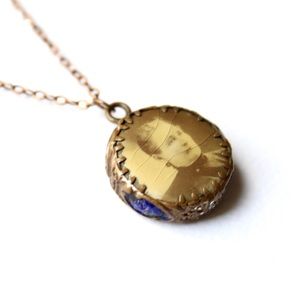 Antique Edwardian embossed brass double sided photo pendant necklace